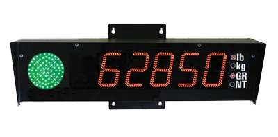 Thurman 218T remote display, black NEMA 3 enclosure, red weight digits above a 5 in. green dot and red X traffic signal