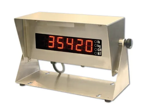 Thurman 218 Series 1.5 in. LED remote display, NEMA 4X stainless enclosure on a desk swivel bracket, red weight digits with LB, KG, GR and NT legends