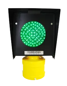 ACC 778 LED traffic light on a tri-stud slipfitter, black NEMA 3 steel head showing the 5 in. red X stop signal