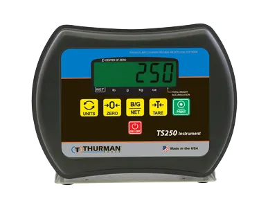 Thurman TS250 indicator in a black ABS enclosure on a stainless swivel bracket, showing its six-key panel and 1.0 in. LCD