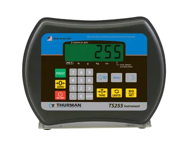 Thurman TS255 indicator in a black ABS enclosure showing the 21-key numeric keypad, MENU key and 1.0 in. green LCD