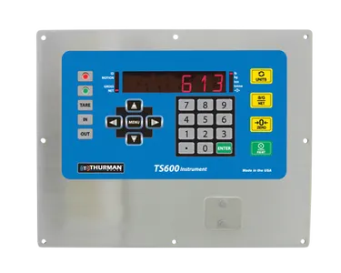 TS613 panel mount weighing indicator face with red 16-segment LED display and numeric keypad set into a flat mounting plate
