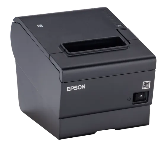 Thurman TM-T88VII direct thermal tape printer in black ABS, with drop-in roll paper loading and front tape exit
