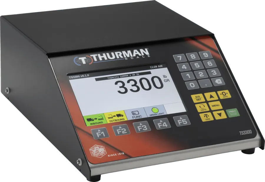 TS3301 analog scale indicator, NEMA 12 desktop housing, 7-inch color display and numeric keypad.