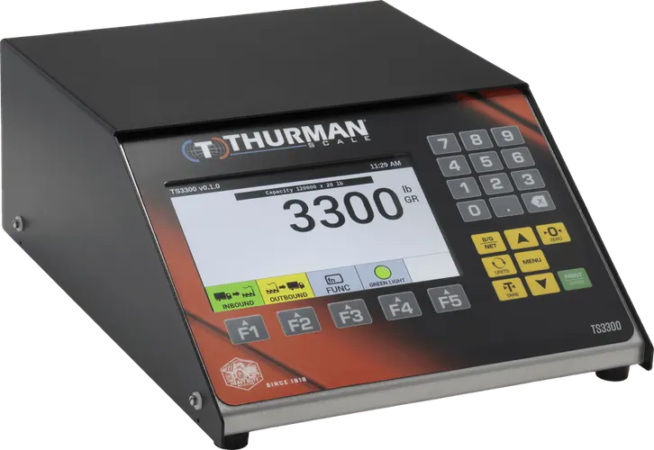 TS3301 analog scale indicator, NEMA 12 desktop housing, 7-inch color display and numeric keypad.