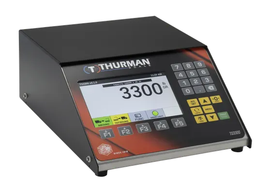 TS3301 analog scale indicator, NEMA 12 desktop housing, 7-inch color display and numeric keypad.