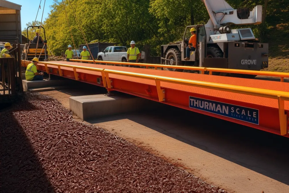 An orange Thurman Falcon steel deck weighbridge on cast concrete piers, welded tread plate deck and yellow side rail running the length of the frame, with an installation crew and a rough-terrain crane behind it