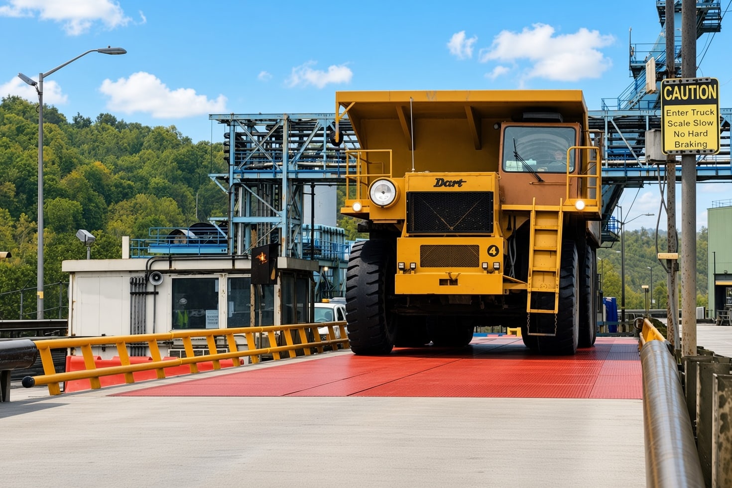 A yellow rigid-frame off-road haul truck crossing a red-decked truck scale at an
industrial plant, seen low from the approach slab, with the scale house, plant
conveyor structures and a CAUTION sign reading Enter Truck Scale Slow, No Hard
Braking behind it.