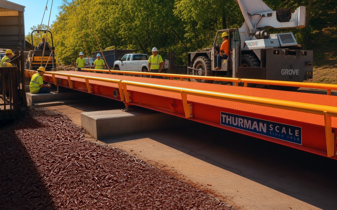An orange Thurman Falcon steel deck weighbridge on cast concrete piers, welded tread plate deck and yellow side rail running the length of the frame, with an installation crew and a rough-terrain crane behind it
